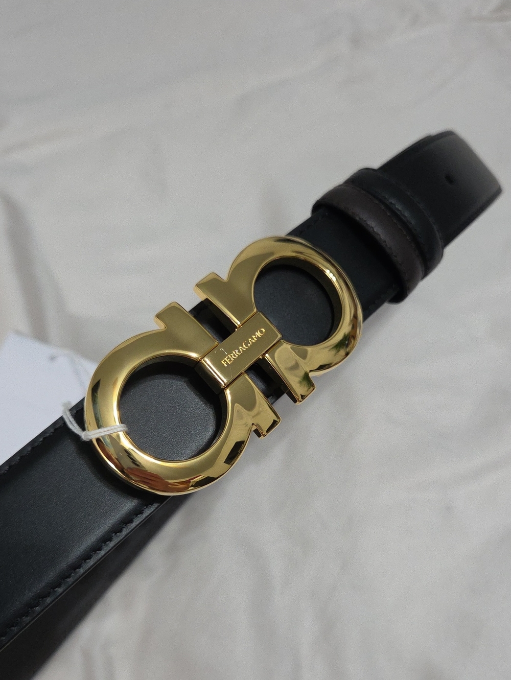 Salvatore Ferragamo Black & Brown Leather Belt Gold Double Gancini Buckle